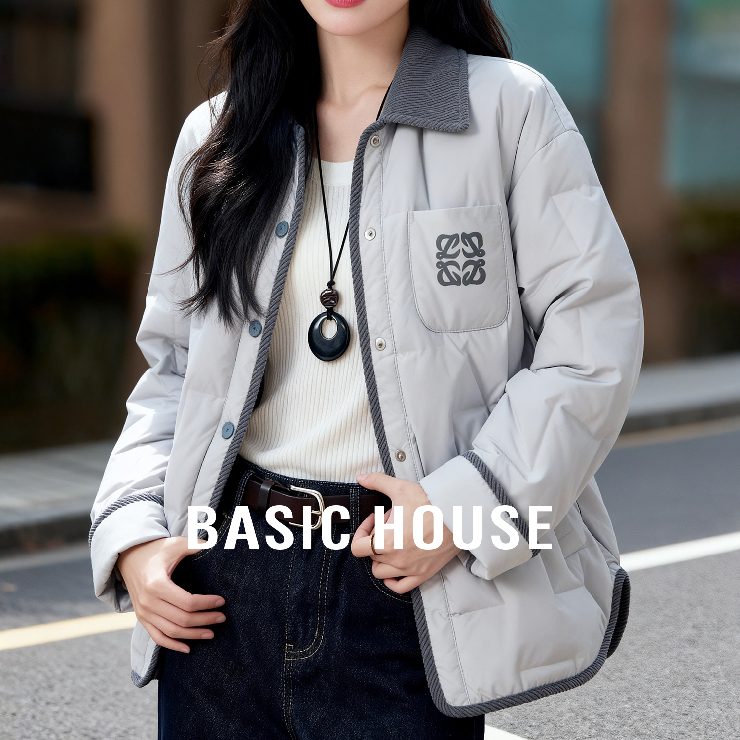 Basic House/百家好翻领短款撞色鹅绒服2025冬新款保暖羽绒外套女