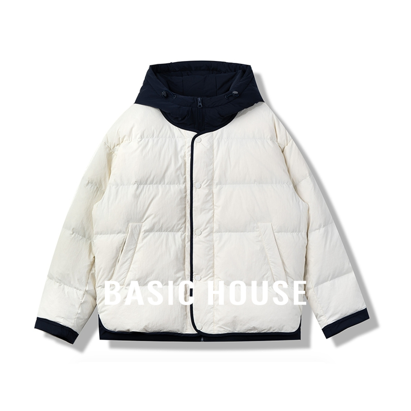 Basic House/百家好撞色连帽假两件保暖面包服25冬新款短款羽绒服