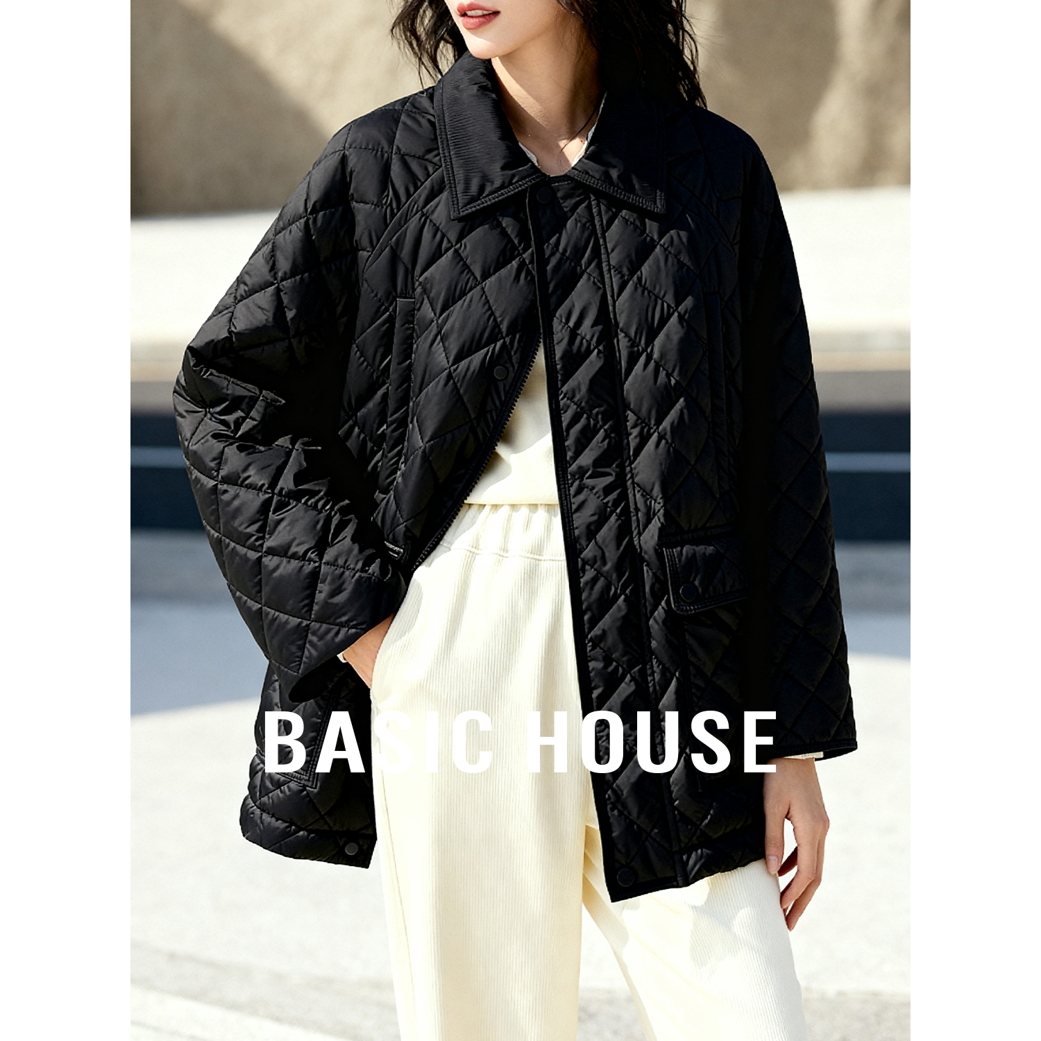 Basic House/百家好轻薄翻领菱格羽绒服女25冬季新款纯色简约外套