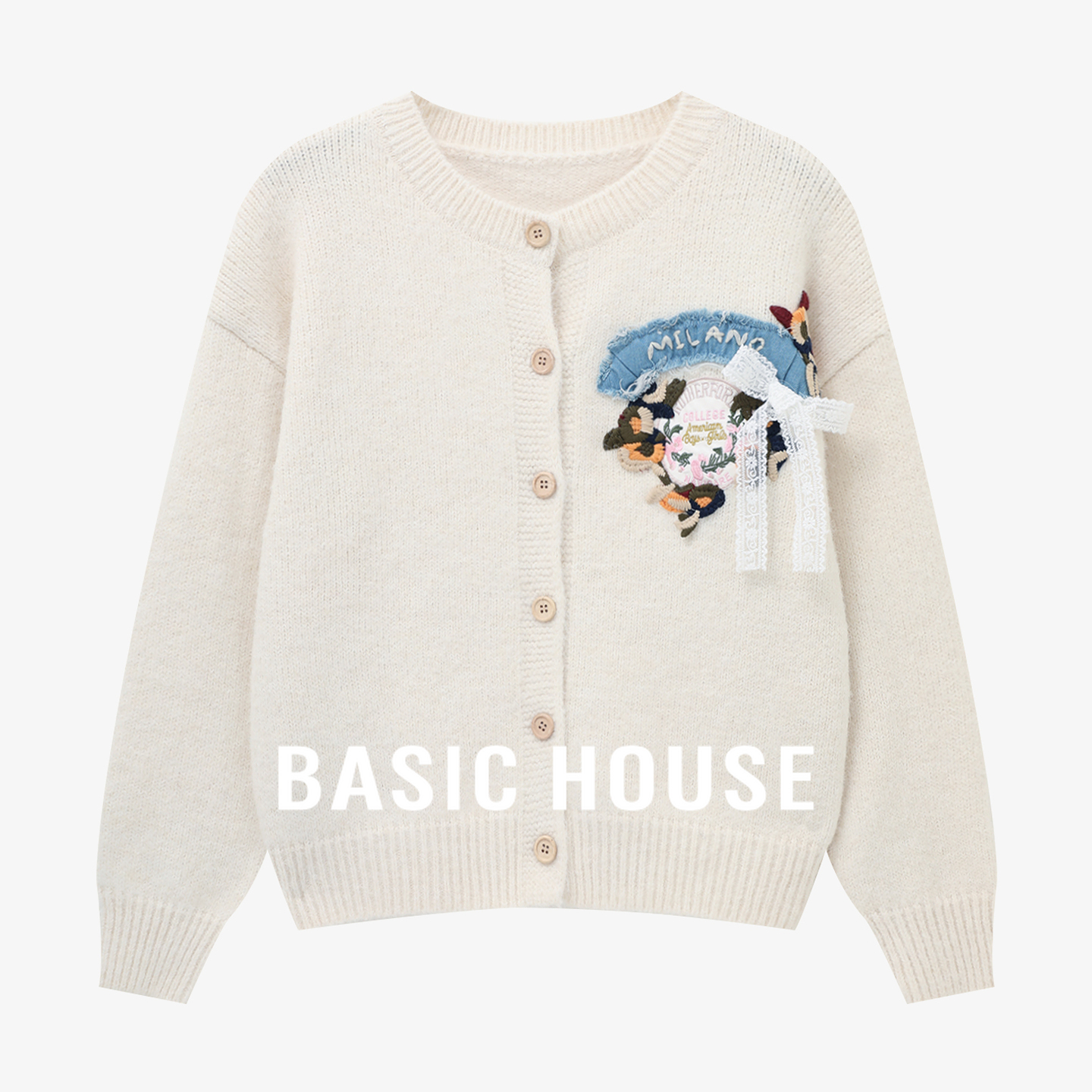 Basic House/百家好蝴蝶结刺绣开衫毛衣女25秋冬单排扣温柔风外套