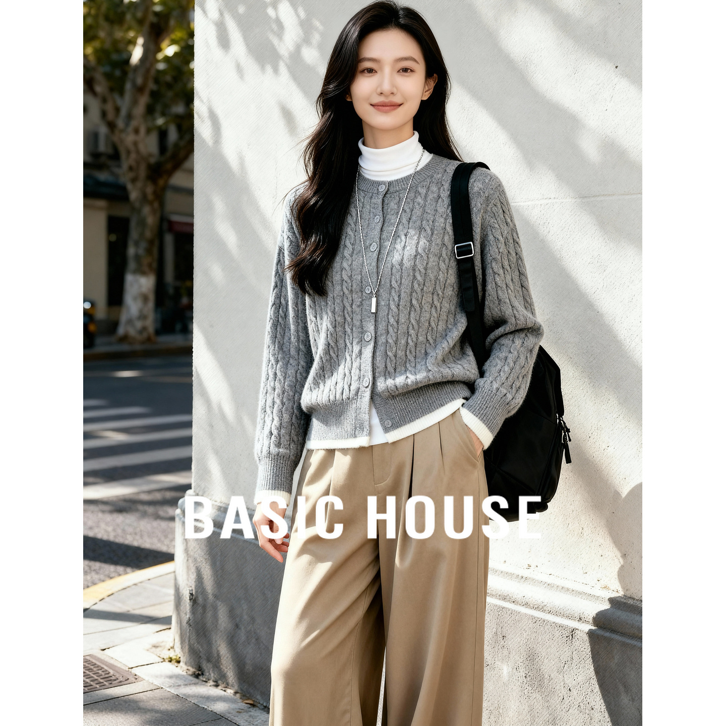Basic House/百家好25冬新复古风软糯亲肤宽松外套假两件休闲毛衣