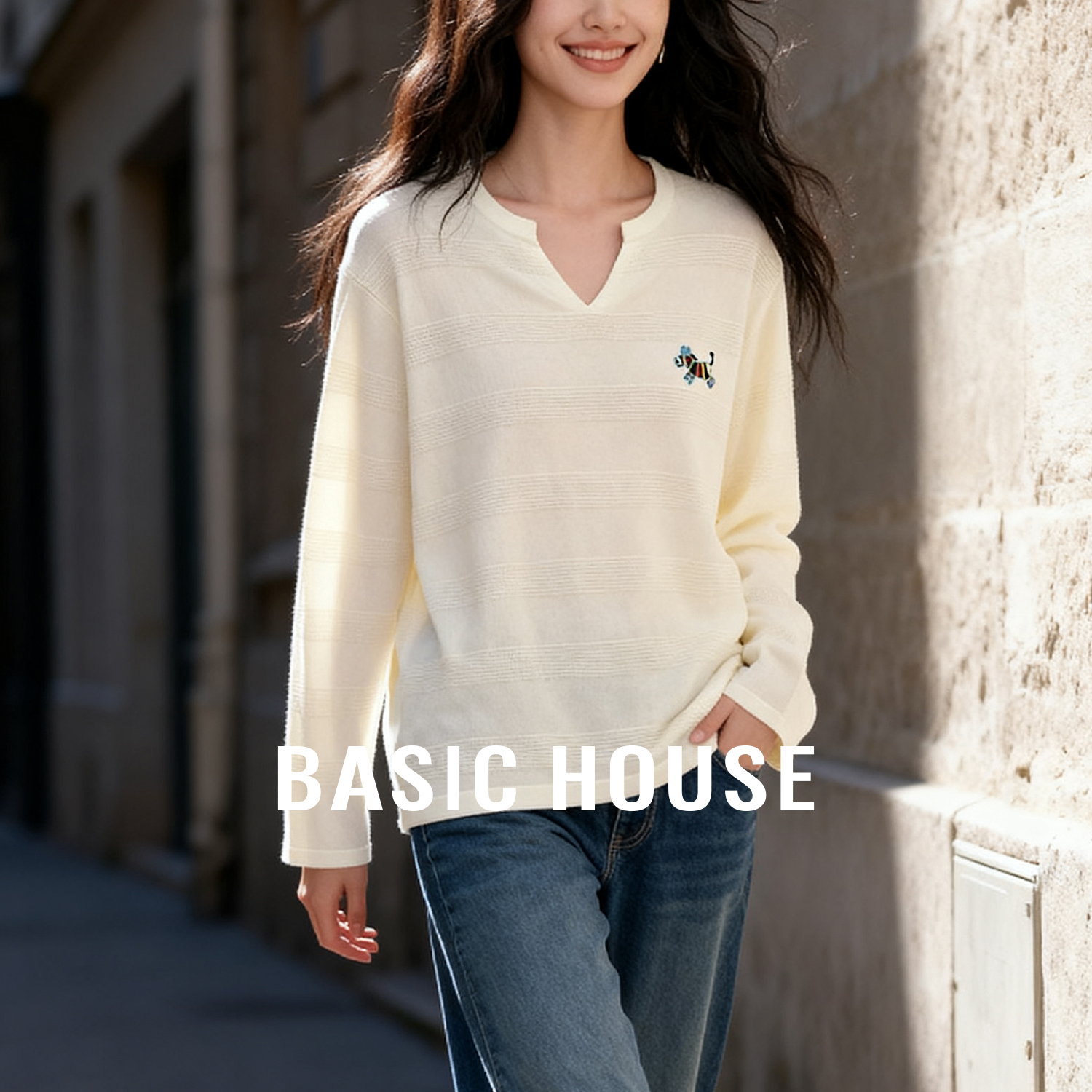 Basic House/百家好新款设计感刺绣撞色针织衫女秋季打底长袖上衣