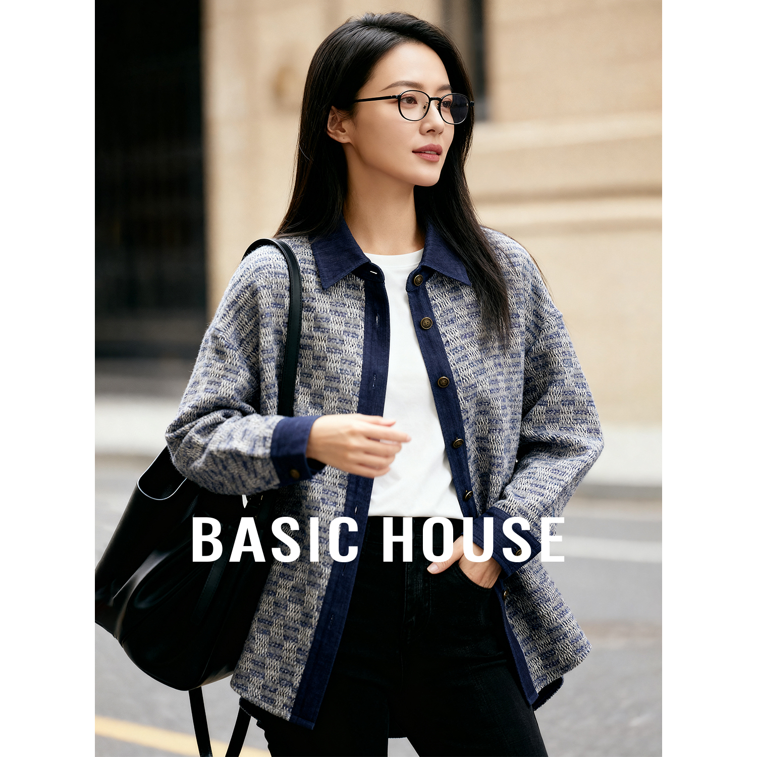 Basic House/百家好牛仔拼接小香风衬衫外套秋季时尚设计感上衣女