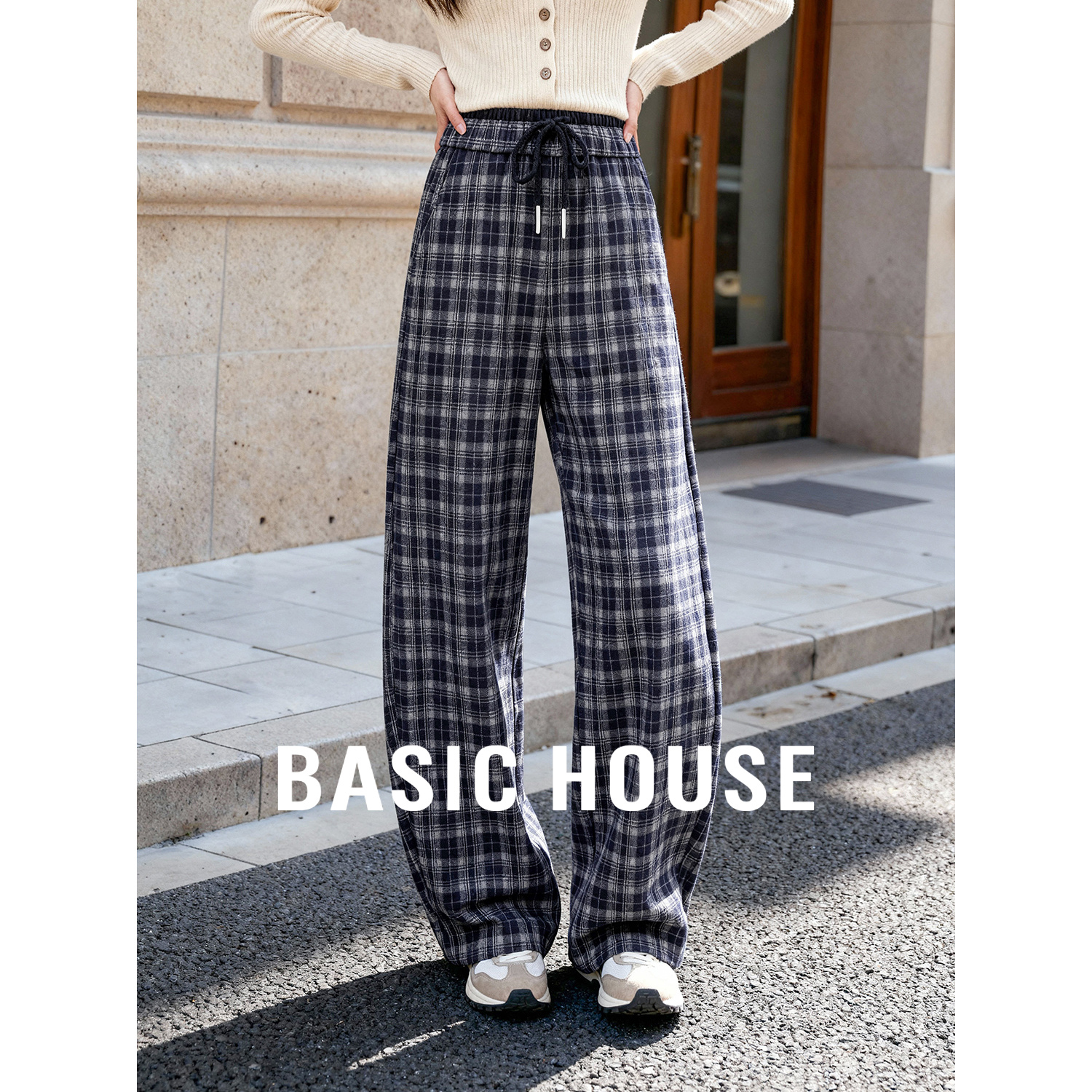 百家好高腰显瘦复古休闲阔腿裤女25冬季新款格纹设计感抽绳腰长裤