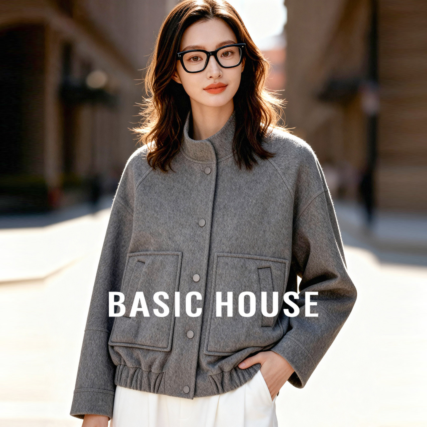 Basic House/百家好灰色好看气质短款全羊毛呢外套女25冬新款大衣