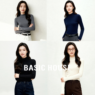 百家好100%棉羊毛打底衫女25冬季修身显瘦保暖毛衣半高领基础内搭
