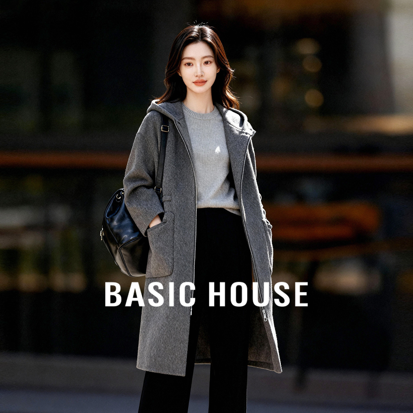 Basic House/百家好灰色绵羊毛骆驼绒长款连帽毛呢外套羊毛大衣