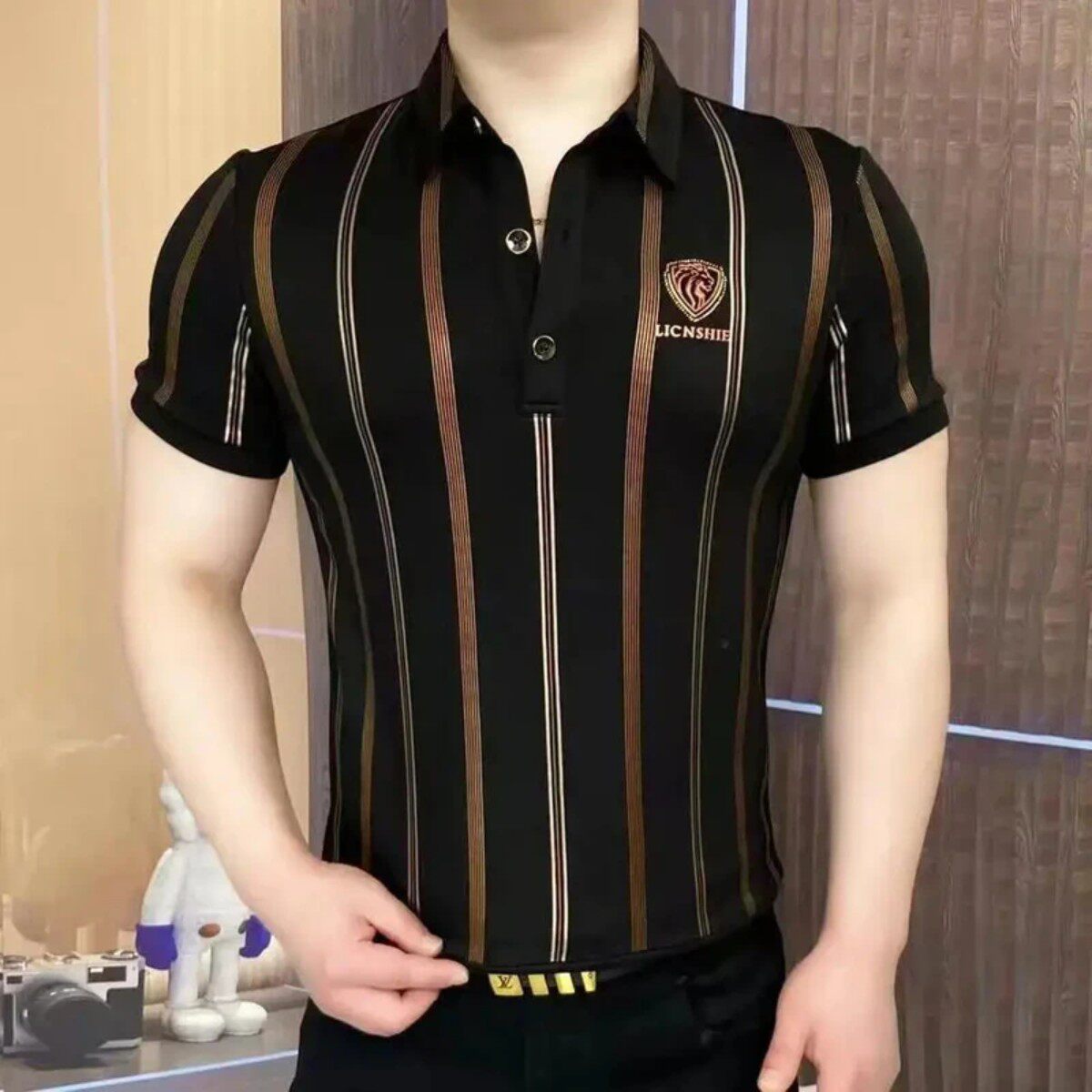 LittleShin轻奢男装欧版短袖polo衫男夏季翻领条纹T恤半袖上衣男
