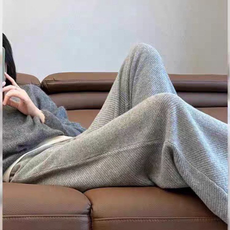 新款针织阔腿裤女高腰弹力垂感加厚保暖小个子拖地裤显瘦直筒裤子
