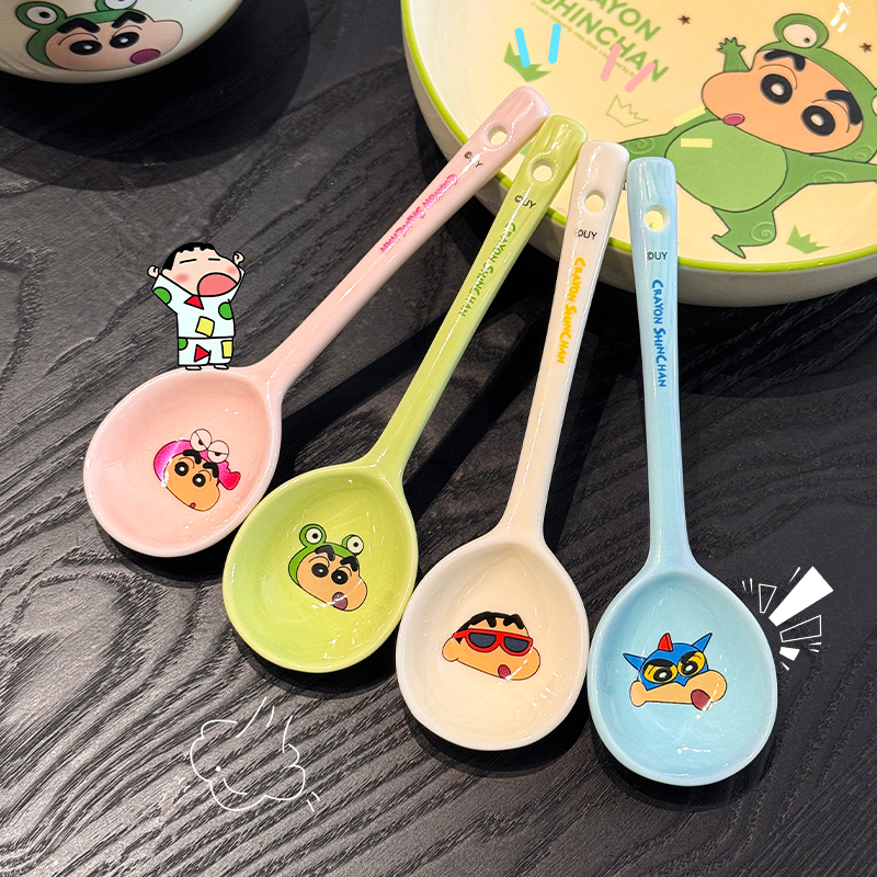 蜡笔小新陶瓷勺子长柄勺家用汤匙2025新款卡通可爱个人专用吃饭勺
