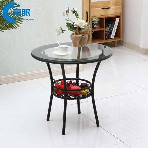 现代简约阳台小茶几钢化玻璃小圆桌藤编桌椅户外圆形休闲迷你藤椅