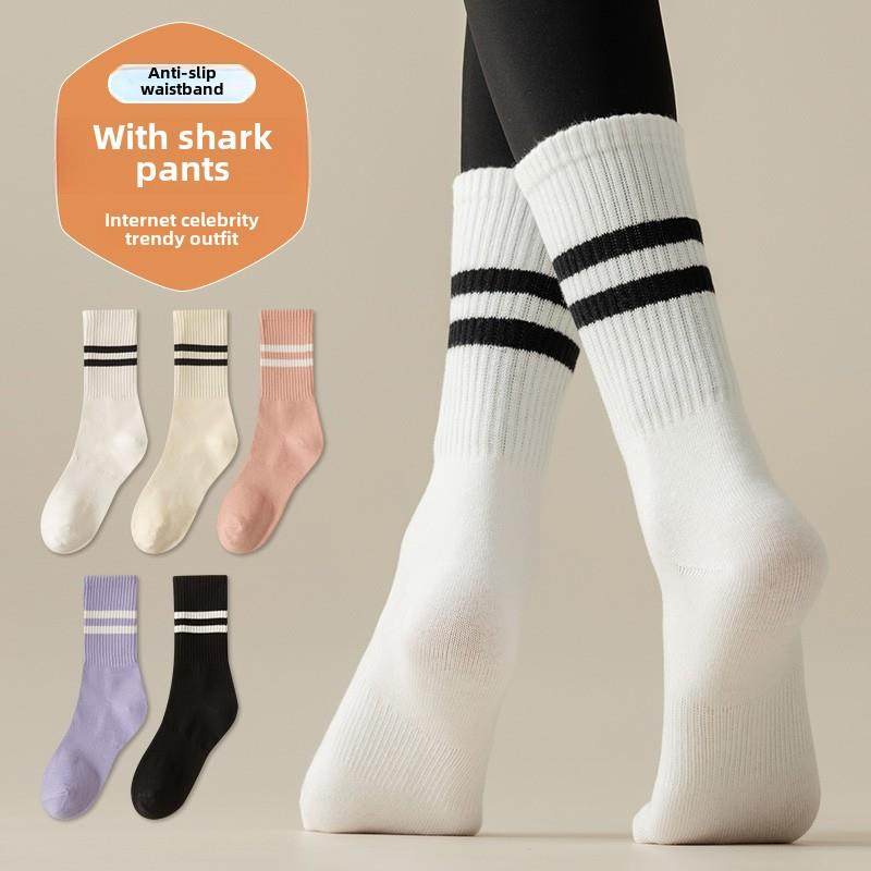 配鲨鱼裤袜子女春秋中筒袜纯棉外穿ins芭比裤运动长筒袜黑色长袜