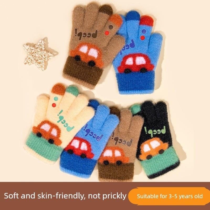 男宝宝冬季可爱小汽车五指针织加厚户外运动防寒毛线儿童手套保暖