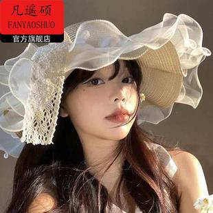 法式 帽檐遮阳防晒海边沙滩紫外线度假太阳帽子 蕾丝蝴蝶结草帽夏季
