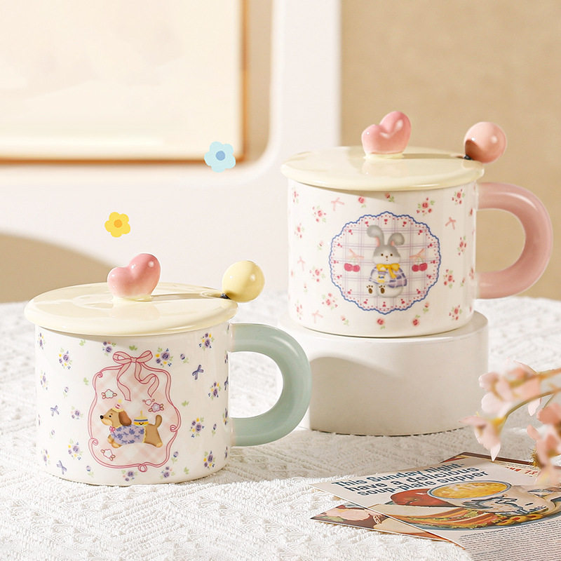 小碎花萌宠陶瓷杯带盖勺家用杯子早餐杯马克杯生日伴手礼品水杯女