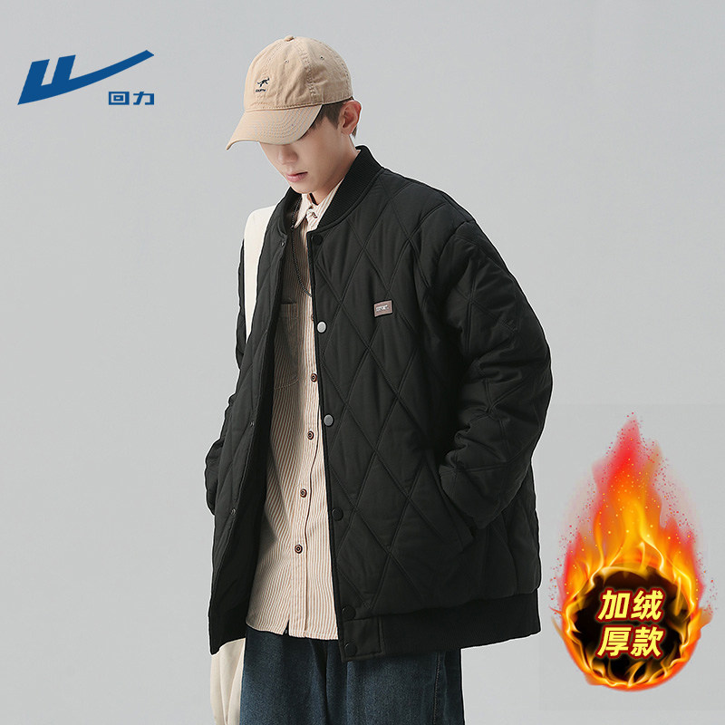 回力加绒加厚棉衣男生菱形格日系复古oversize棒球服冬季男士外套