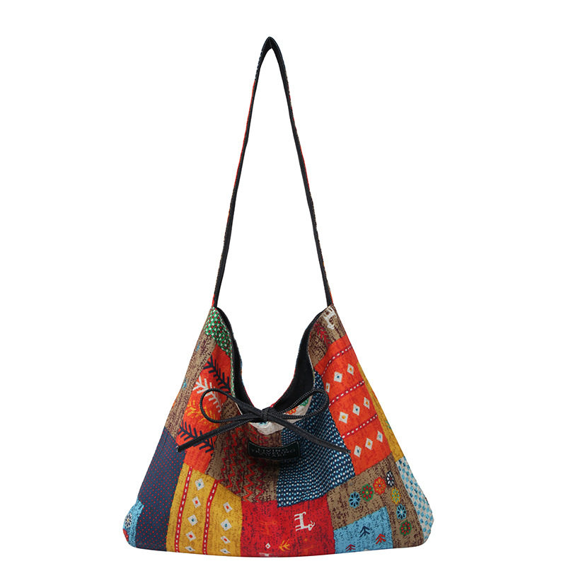 2025民族风拼布包包女单肩大容量斜挎包牛仔双面包枕头包时尚轻便