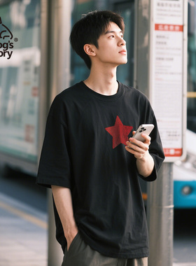 夏季男士圆领纯棉短袖T恤黑白两色宽松休闲男装印花上衣潮流半袖