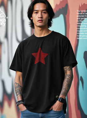 短袖男款黑色t恤衫五角星图案印花潮牌宽松夏季纯棉白色半袖上衣