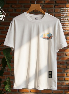 纯棉T恤男士夏季重磅白色短袖圆领印花透气上衣休闲百搭双纱半袖