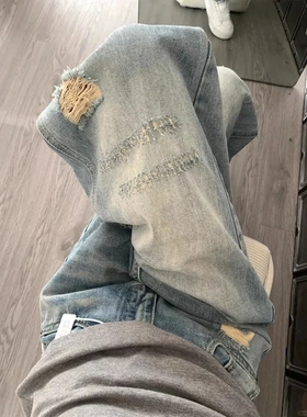 Fee1young分店13号美式破洞阔腿牛仔裤女显瘦宽松高腰直筒拖地裤