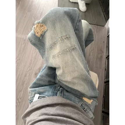 Fee1young分店13号美式破洞阔腿牛仔裤女显瘦宽松高腰直筒拖地裤