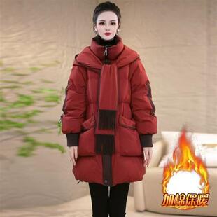 盛莱德2026新款女士连帽围巾棉服冬季厚实保暖中长款红色棉袄外套