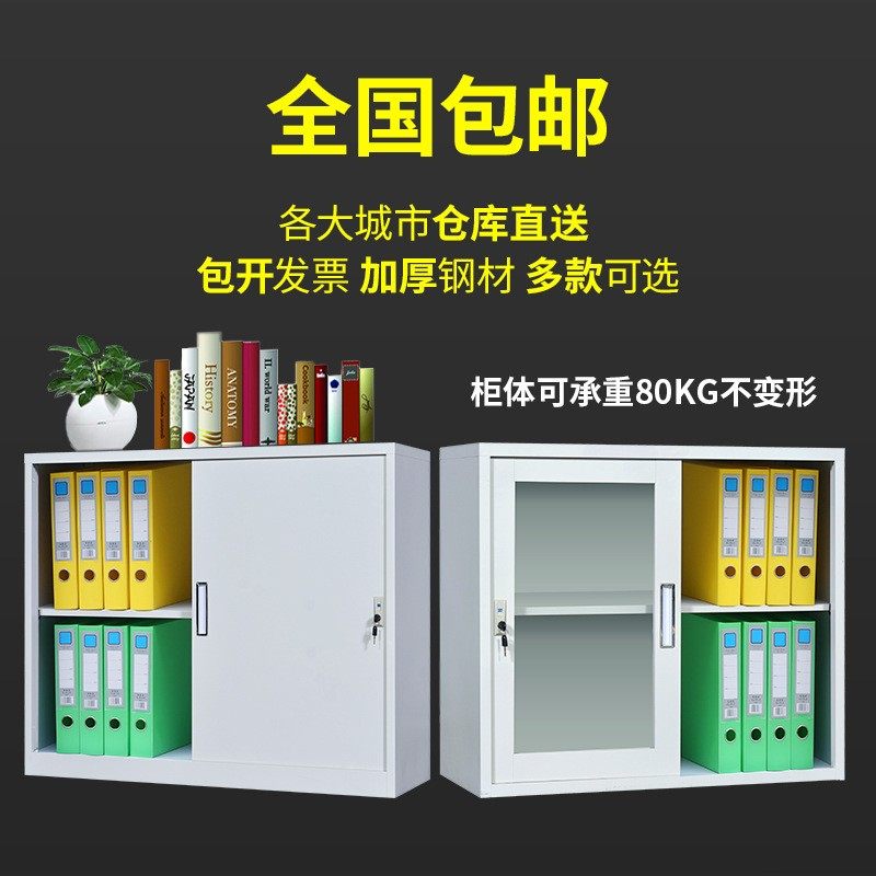 办公室双层档案资料收纳柜玻璃储物柜带锁推拉移门文件柜铁皮矮柜