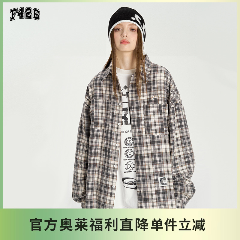 【F426奥莱店】国潮牌春季情侣嘻哈涂鸦LOGO格子衬衫套装-上装