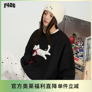 国潮牌秋冬情侣慵懒嘻哈宽松蝴蝶结小猫圆领卫衣 F426奥莱店