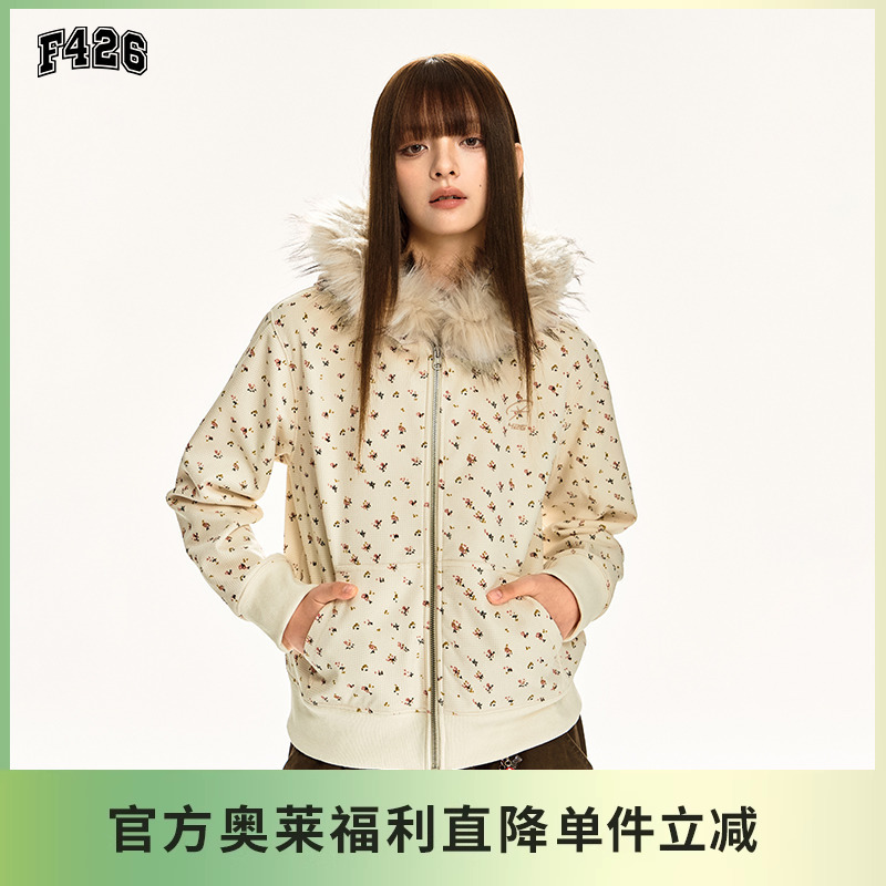 F426【F426奥莱店】国潮牌休闲连帽毛边帽华夫格肌理碎花外套dt