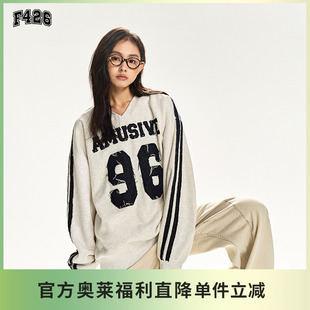 【F426奥莱店】国潮秋季宽松情侣街头水洗牛仔数字贴布绣V领卫衣