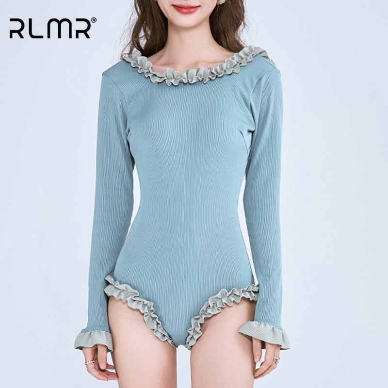 RLMR轻奢泡温泉泳衣女士秋冬新款连体长袖漏背遮肚显瘦度假游泳装