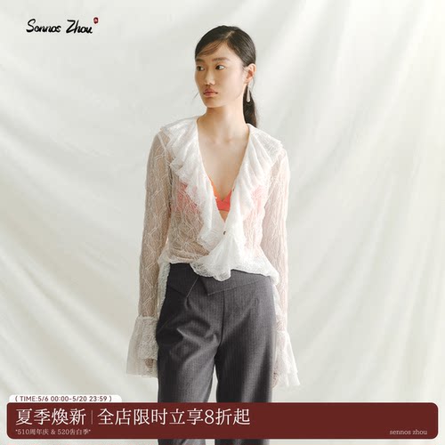 网格蕾丝弹力长袖上衣春
