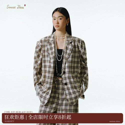 sennoszhou复古格纹西装外套