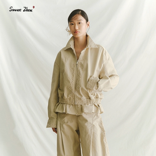 「襟上云」sennos zhou刺绣荷叶边牛仔外套早春做旧水洗休闲夹克