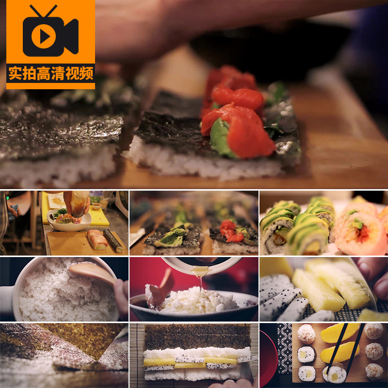 日本料理寿司三文鱼刺身食材制作日式美食寿司卷拼盘实拍视频素材