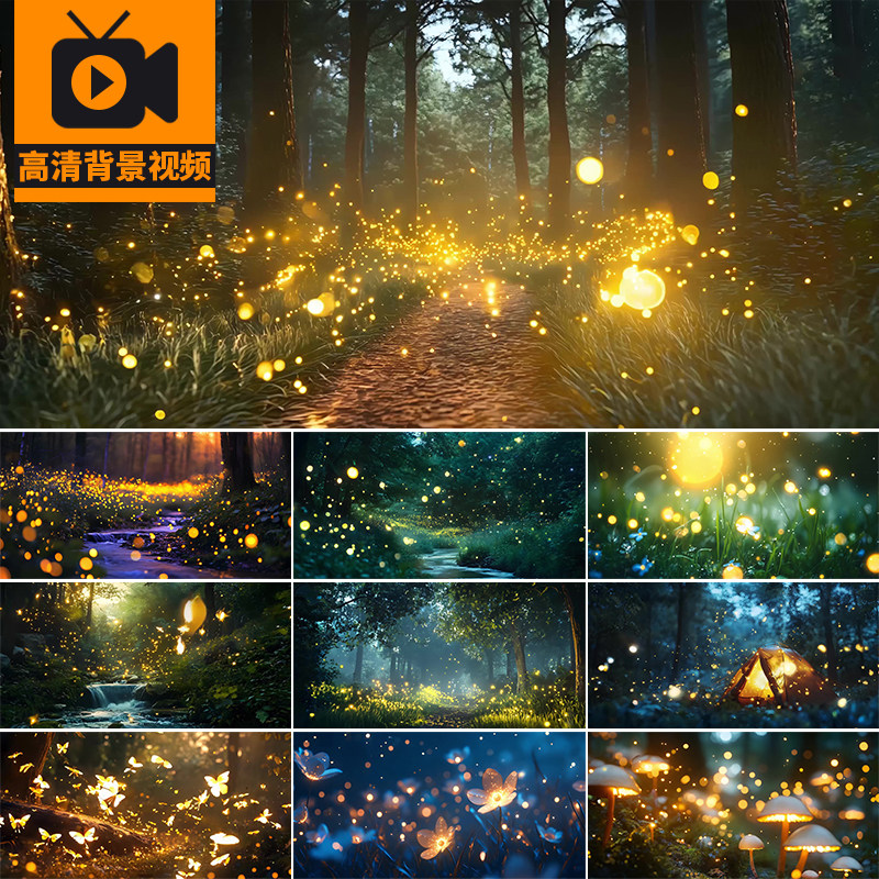 梦幻童话森林树林萤火虫唯美夜晚风景大屏幕LED背景高清视频素材