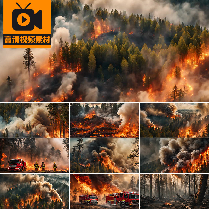 野外森林火灾大火燃烧自然灾害消防员灭火山火野火消防车视频素材