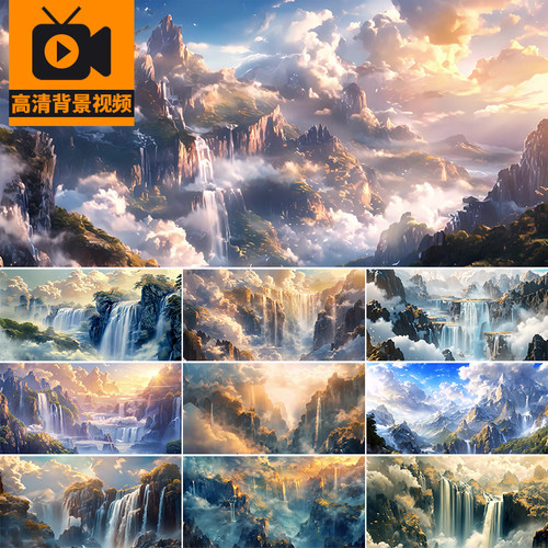 古风水墨千里江山瀑布中国风山水画古典舞台高清LED背景视频素材