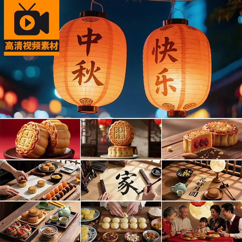 中秋节日佳节团聚吃月饼做月饼月亮圆月满月挂灯笼大闸蟹视频素材