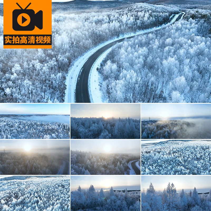航拍冬日雪景森林树林冰花雾凇秦岭山林冬天风景实拍高清视频素材