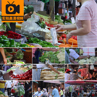 农贸菜市场蔬菜摊位买菜人群肉制品赶集市城市井生活实拍视频素材