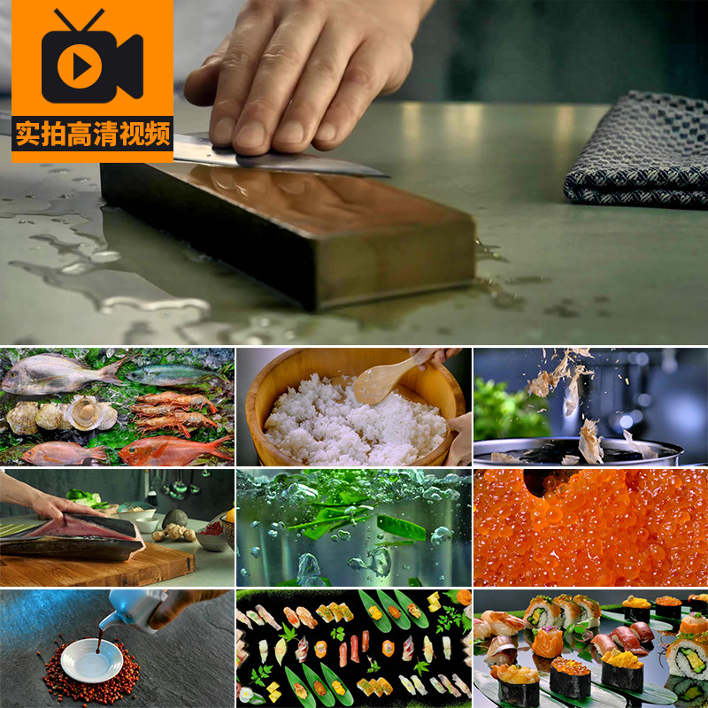 4K日本料理厨师烹饪美食海鲜寿司卷饭团三文鱼生鱼片刺身视频素材