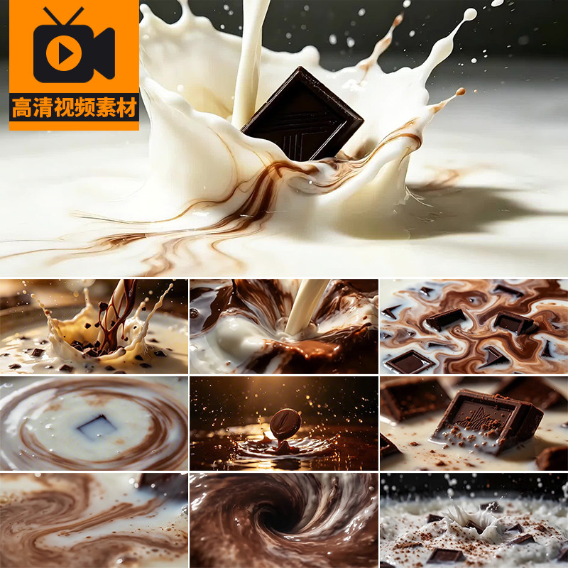 牛奶丝滑巧克力碰撞飞溅升格慢动作特写咖啡牛奶融合高清视频素材