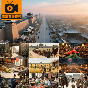 大唐盛世古代百姓宫廷京城长安城夜景中国风舞台LED背景视频素材