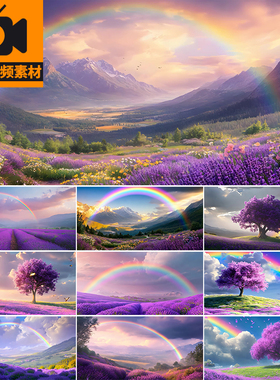 4K唯美紫色薰衣草庄园田园田野草地花海彩虹天空LED背景视频素材