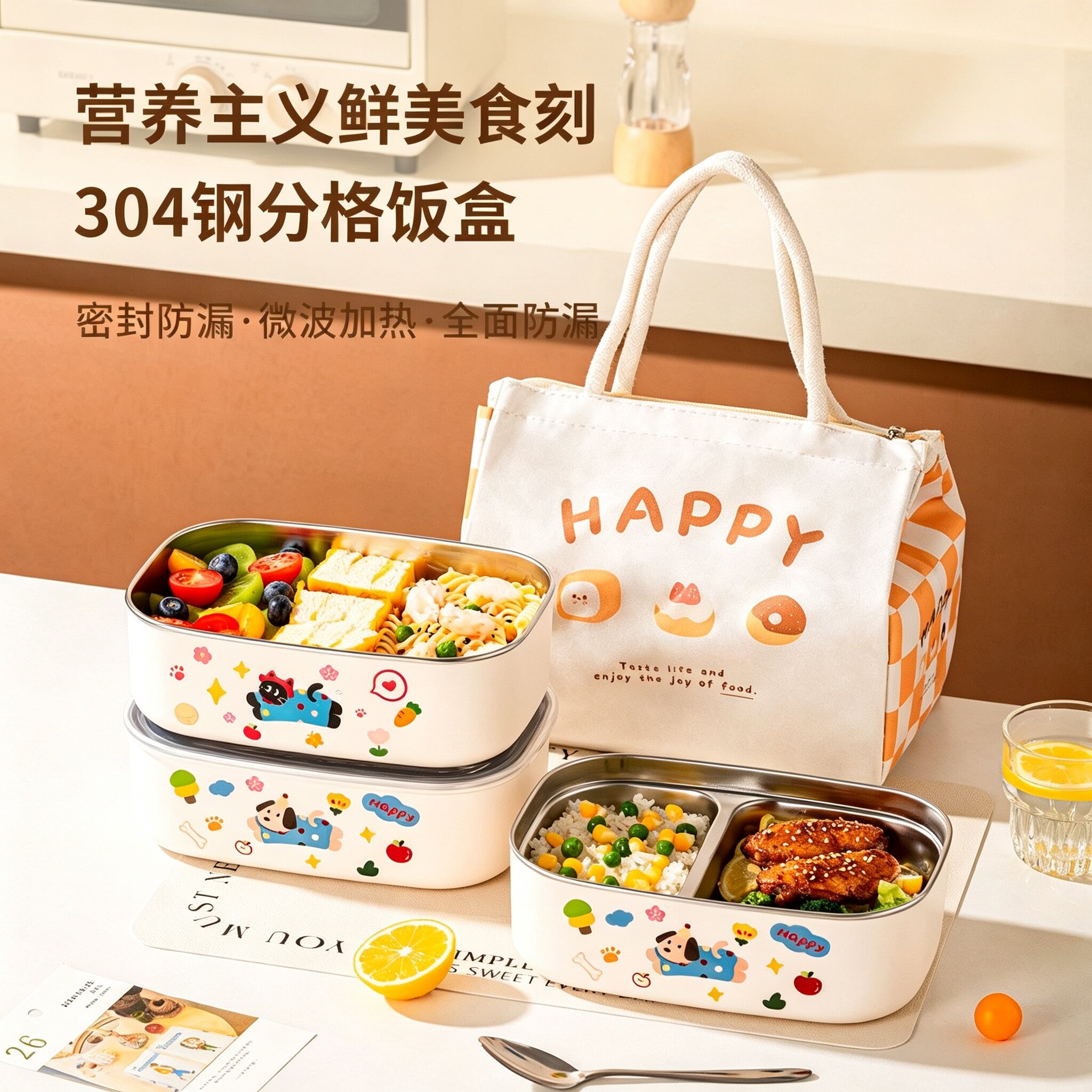 新款304不锈钢饭盒高颜值分格餐盒学生上班族可微波炉加热便当盒