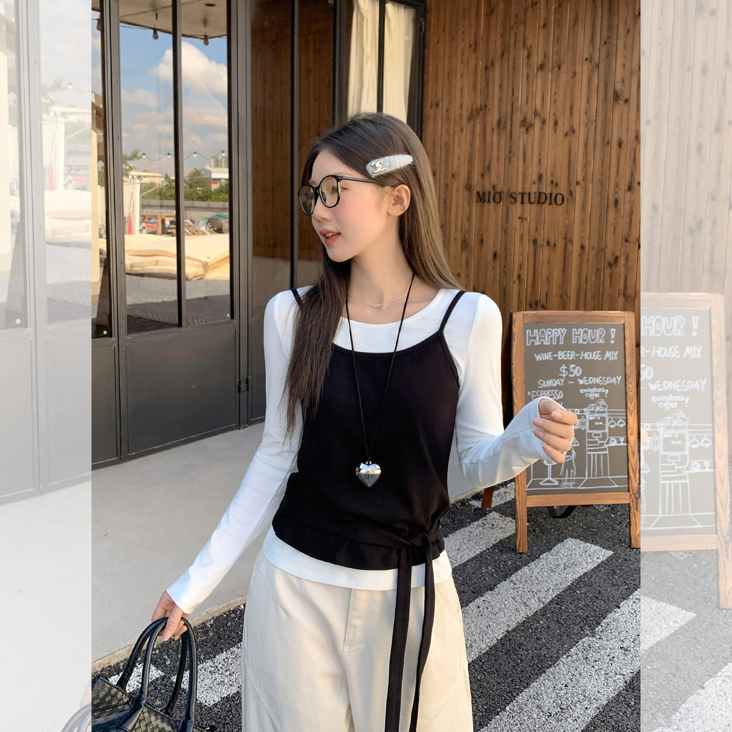 早秋穿搭新款两件套纯色长袖T恤内搭打底叠穿背心修身显瘦上衣女