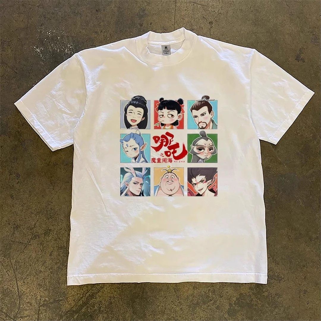 奥特莱斯外贸清仓~100%重磅纯棉T恤男女哪吒印花圆领短袖情侣上衣